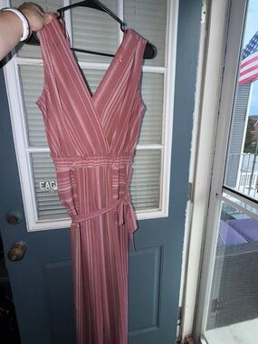 Sleeveless V-Neck Pink Striped Jumpsuit